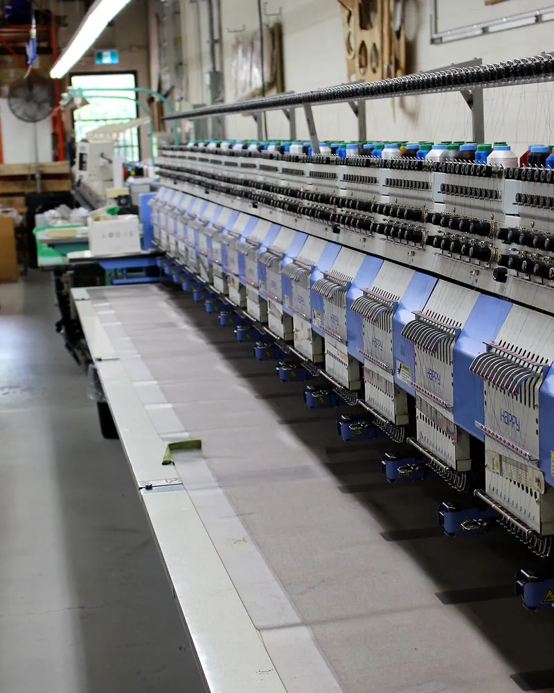 Production floor with embroidery machines in a row