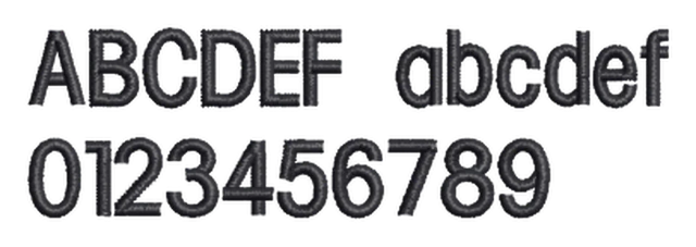 Block lettering sample, Block1: capital letters, lowercase letters and numbers stitched in dark thread.