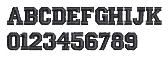 Collegiate lettering sample, College: capital letters and numbers stitched in dark thread.