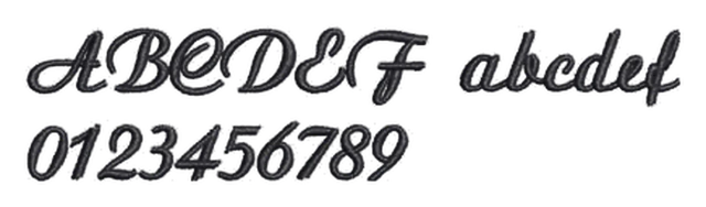 Script lettering sample, Script1: capital letters, lowercase letters and numbers stitched in dark thread.