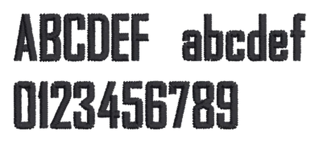 Heavy block lettering sample, Super Block: capital letters, lowercase letters and numbers stitched in dark thread.