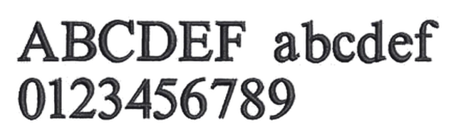 Serif lettering sample, Times Roman: capital letters, lowercase letters and numbers stitched in dark thread.