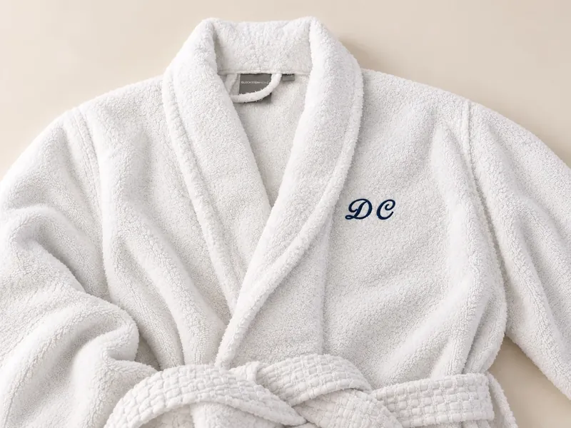 White terry robe with a navy script monogram on the left chest