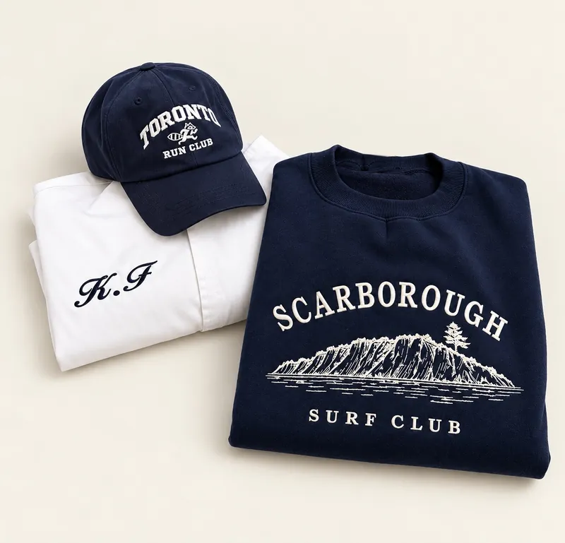 Navy cap embroidered Toronto Run Club, a white shirt with a K.F script monogram and a navy sweatshirt embroidered Scarborough Surf Club