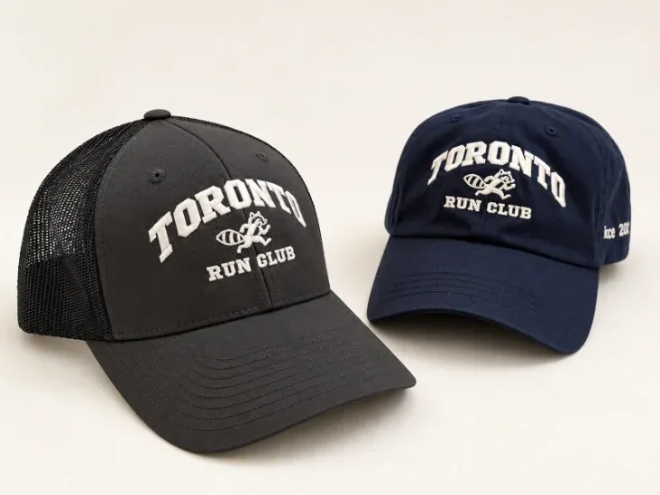 Trucker cap and dad cap with embroidered run club lettering