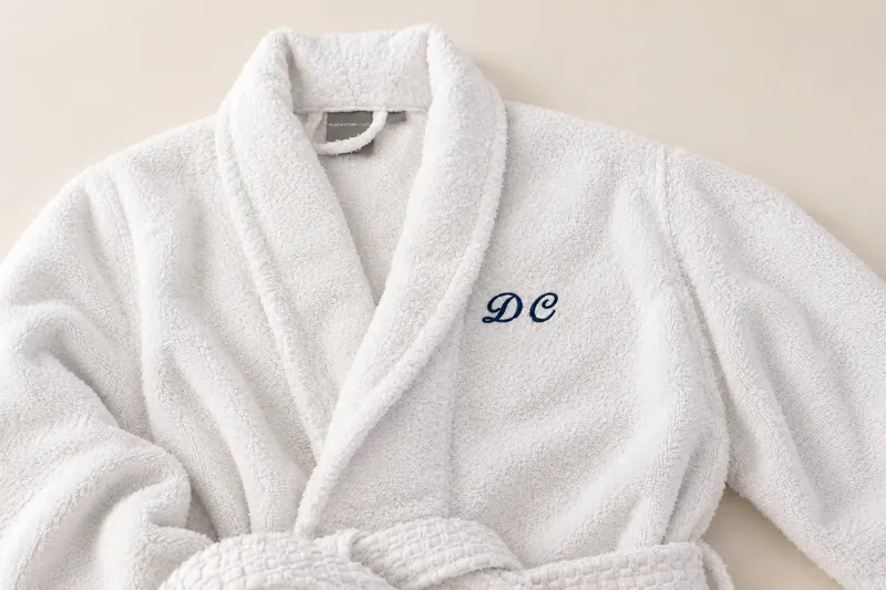 White terry robe with a navy script monogram