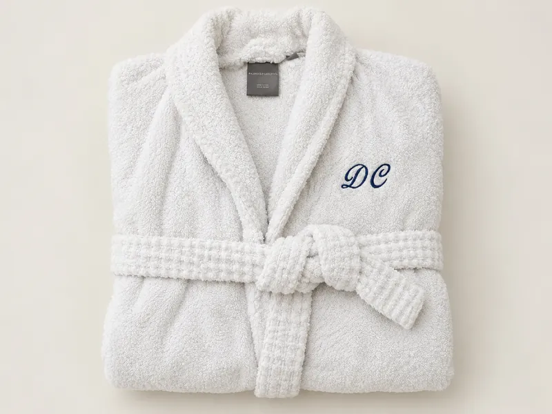 White terry robe with an embroidered monogram