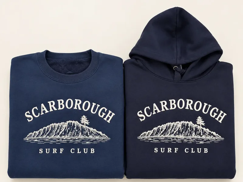 Navy hoodie and sweatshirt with an embroidered surf club design