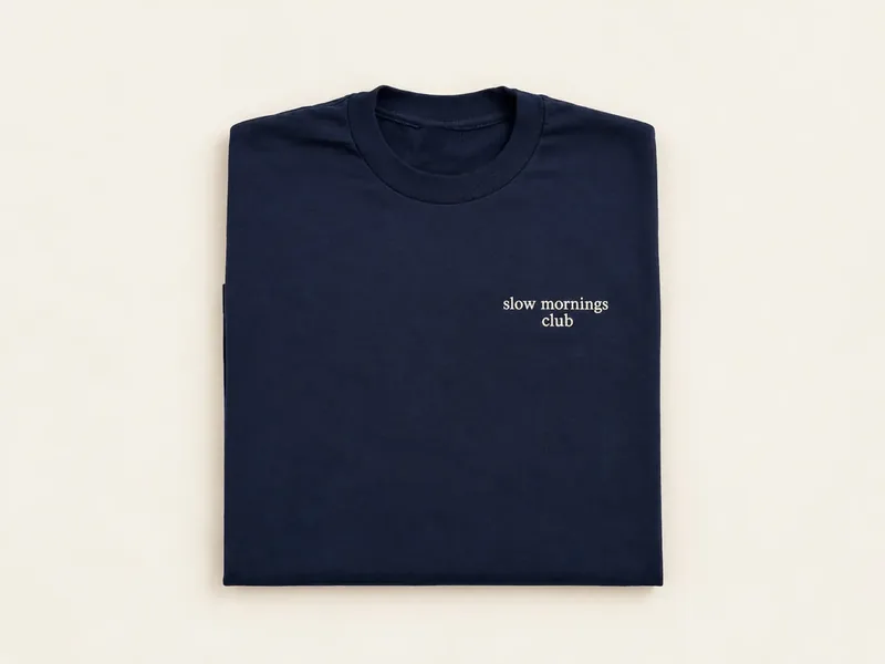 Navy t-shirt with small embroidered text on the chest