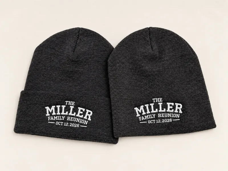 Two black toques with embroidered names
