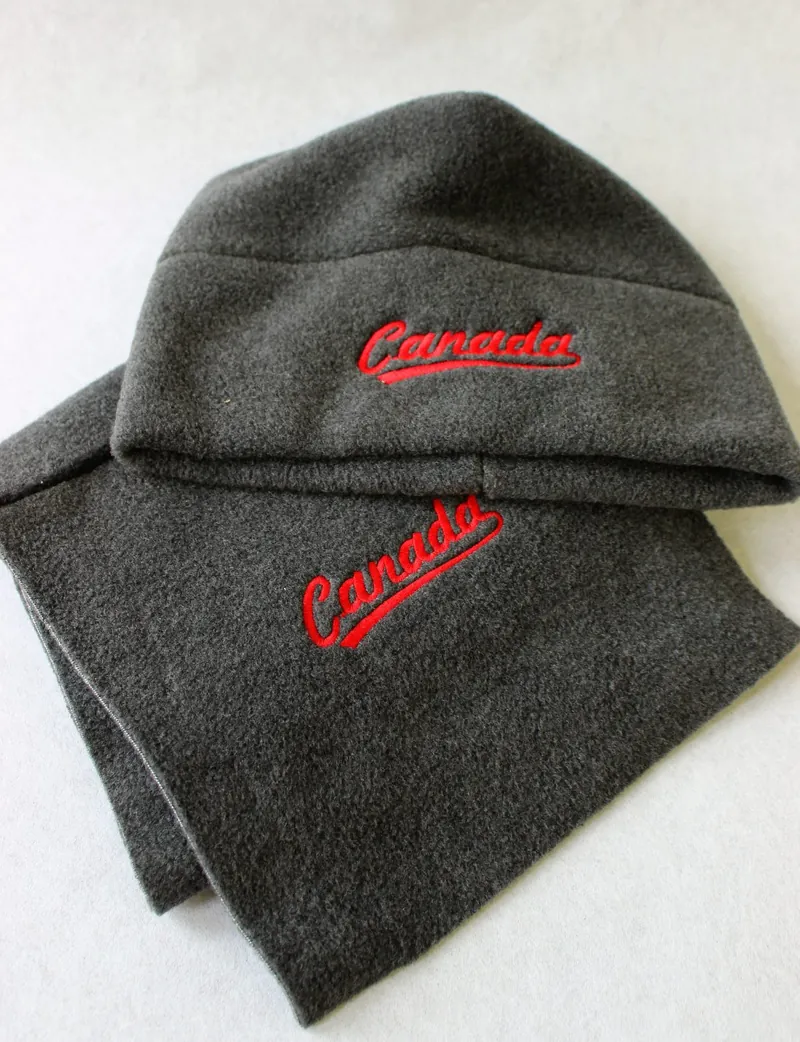 Grey fleece beanie and scarf with red script lettering